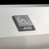 Close-up of an American Outdoor Grill (AOG) analog temperature gauge mounted on a stainless steel grill hood with the AOG logo