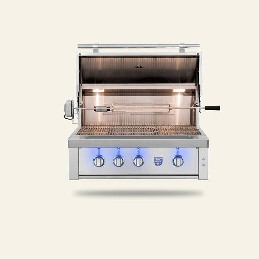 American Made Grills Estate Freedom 36-inch built-in gas grill — with the hood open