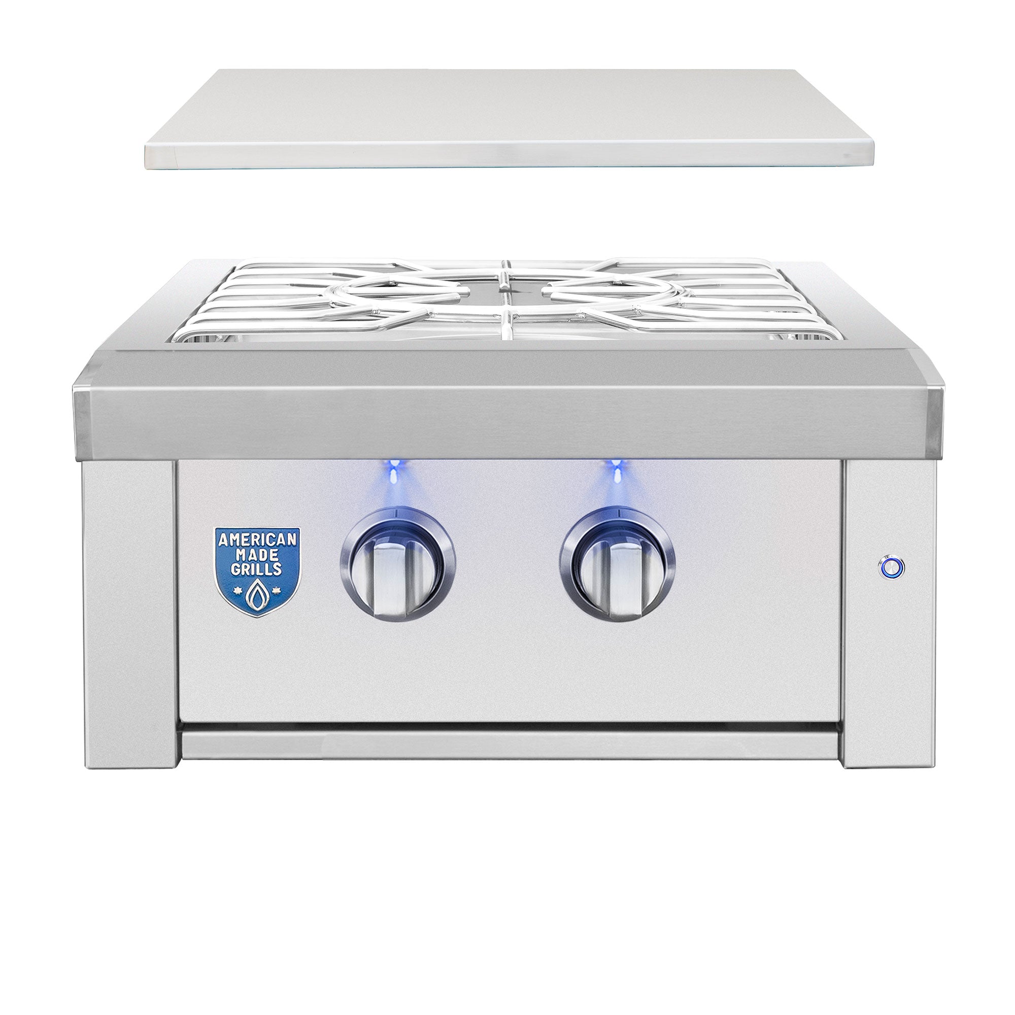 American Made Grills Estate power burner — with the lid raised above the burner