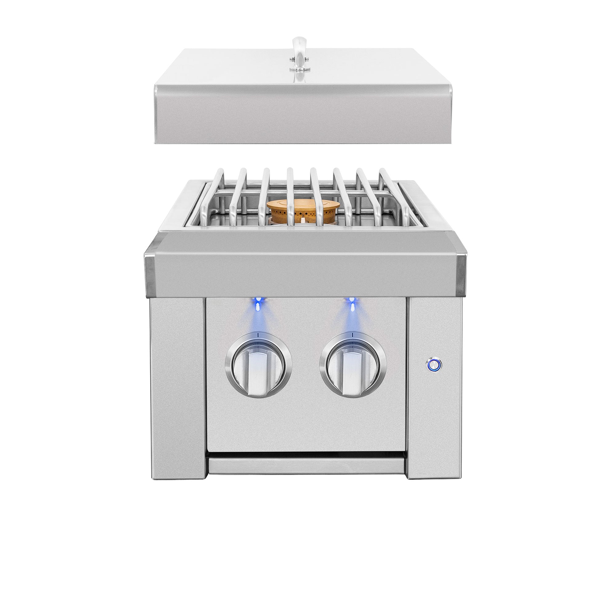 American Made Grills Estate double side burner — with the lid raised above the burner