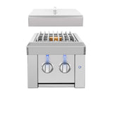 American Made Grills Estate double side burner — with the lid raised above the burner