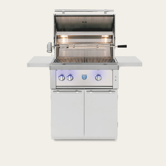 American Made Grills Estate 30-inch grill cart — shown with an Estate 30 grill head fitted, hood open