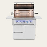 American Made Grills Estate 36-inch grill cart — shown with an Estate 36 grill head fitted, hood open