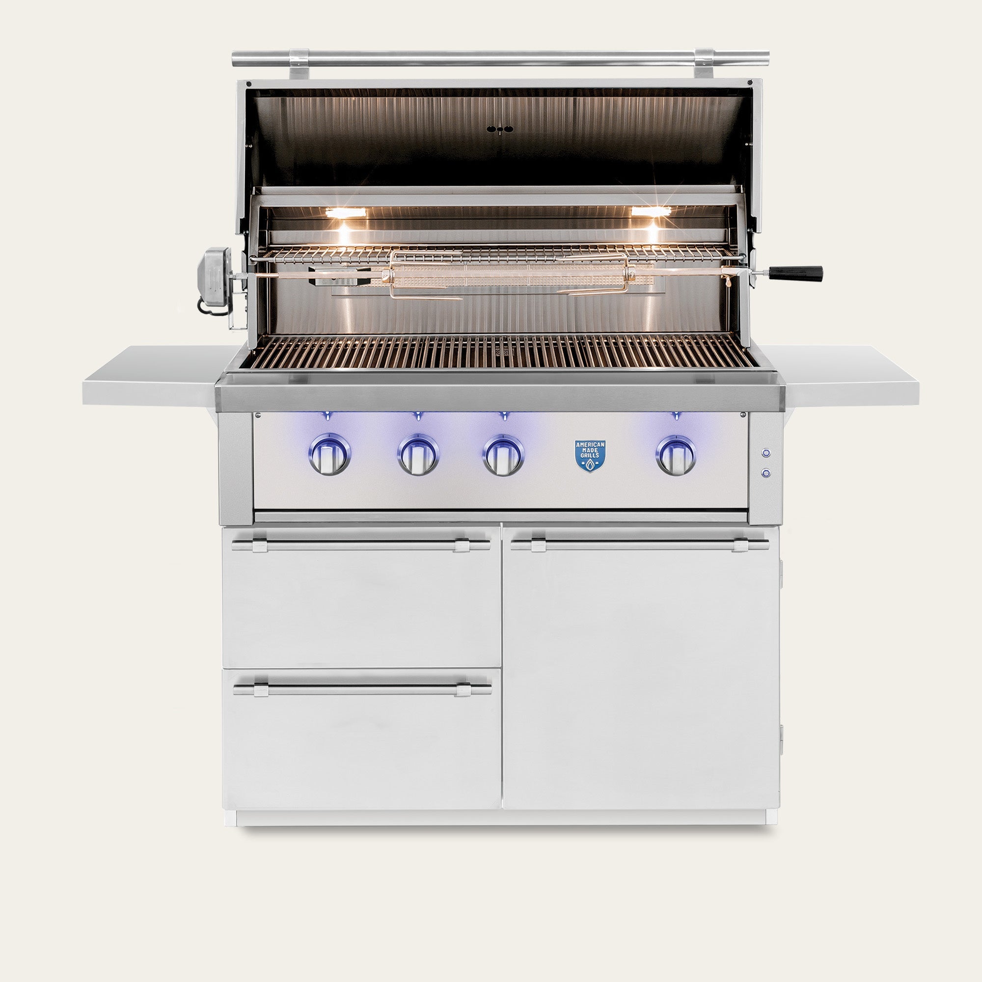 American Made Grills Estate 42-inch grill cart — shown with an Estate 42 grill head fitted, hood open
