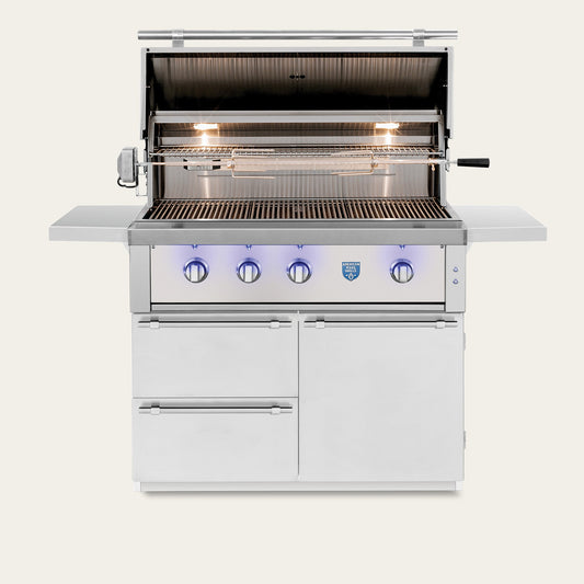 American Made Grills Estate 42-inch grill cart — shown with an Estate 42 grill head fitted, hood open