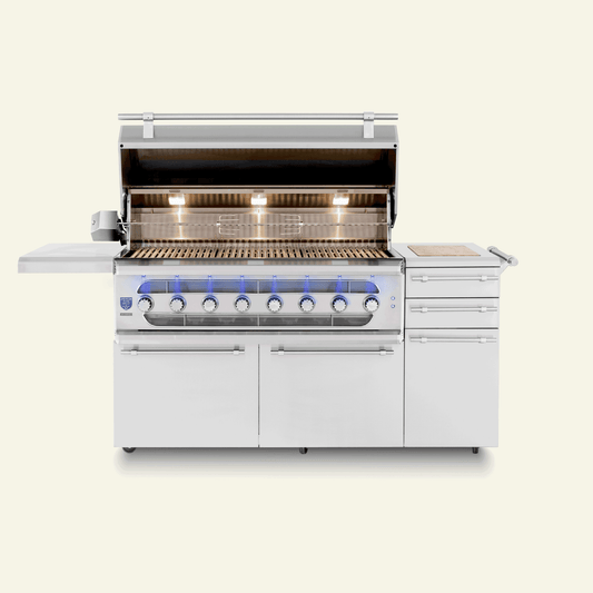 American Made Grills hybrid 54-inch grill cart — shown with a Muscle 54 grill head fitted, hood open
