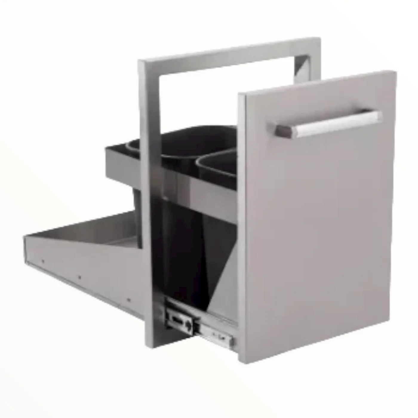 Close-up of the Bonfire Trash Can 16.5" x 22" made of tough 304 stainless steel, ideal for outdoor kitchen countertops.