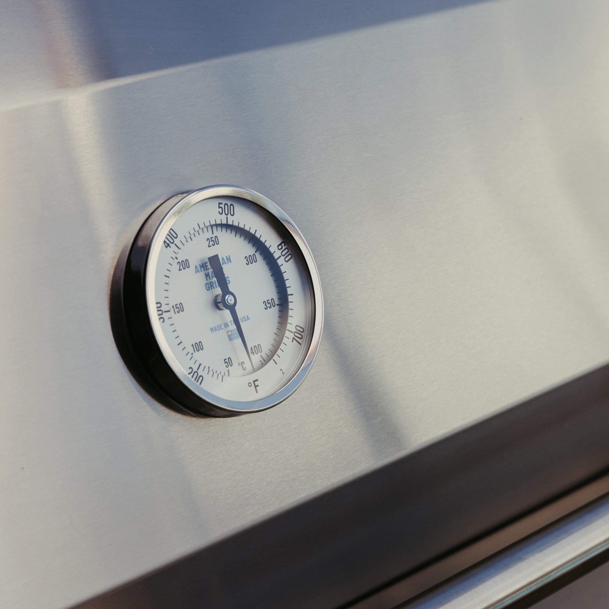 American Made Grills Muscle 36-inch hybrid built-in grill — analog hood temperature gauge