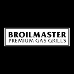 Broilmaster brand logo, with the word BROILMASTER above the tagline Premium Gas Grills in white lettering inside a white-bordered rectangle on a black background