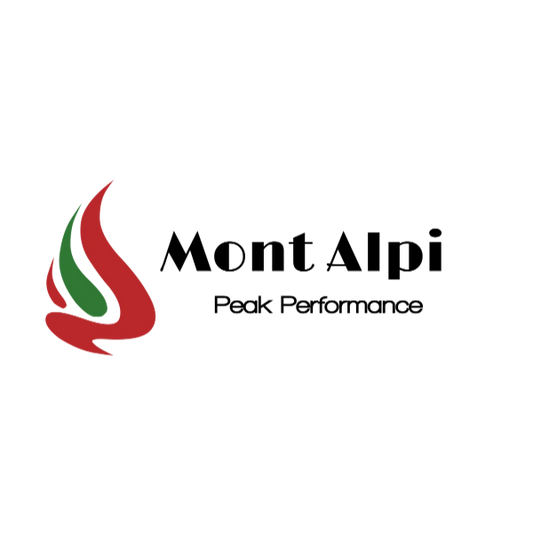 The Mont Alpi logo, with a red and green flame icon beside the words Mont Alpi in black lettering and the tagline Peak Performance, on a transparent background