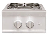 Stainless steel built-in double power burner with two control knobs and a heavy-duty grate on white background