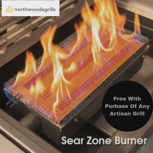 Promotional video of a flaming infrared sear zone burner with NorthwoodsGrills branding and Sear Zone Burner text