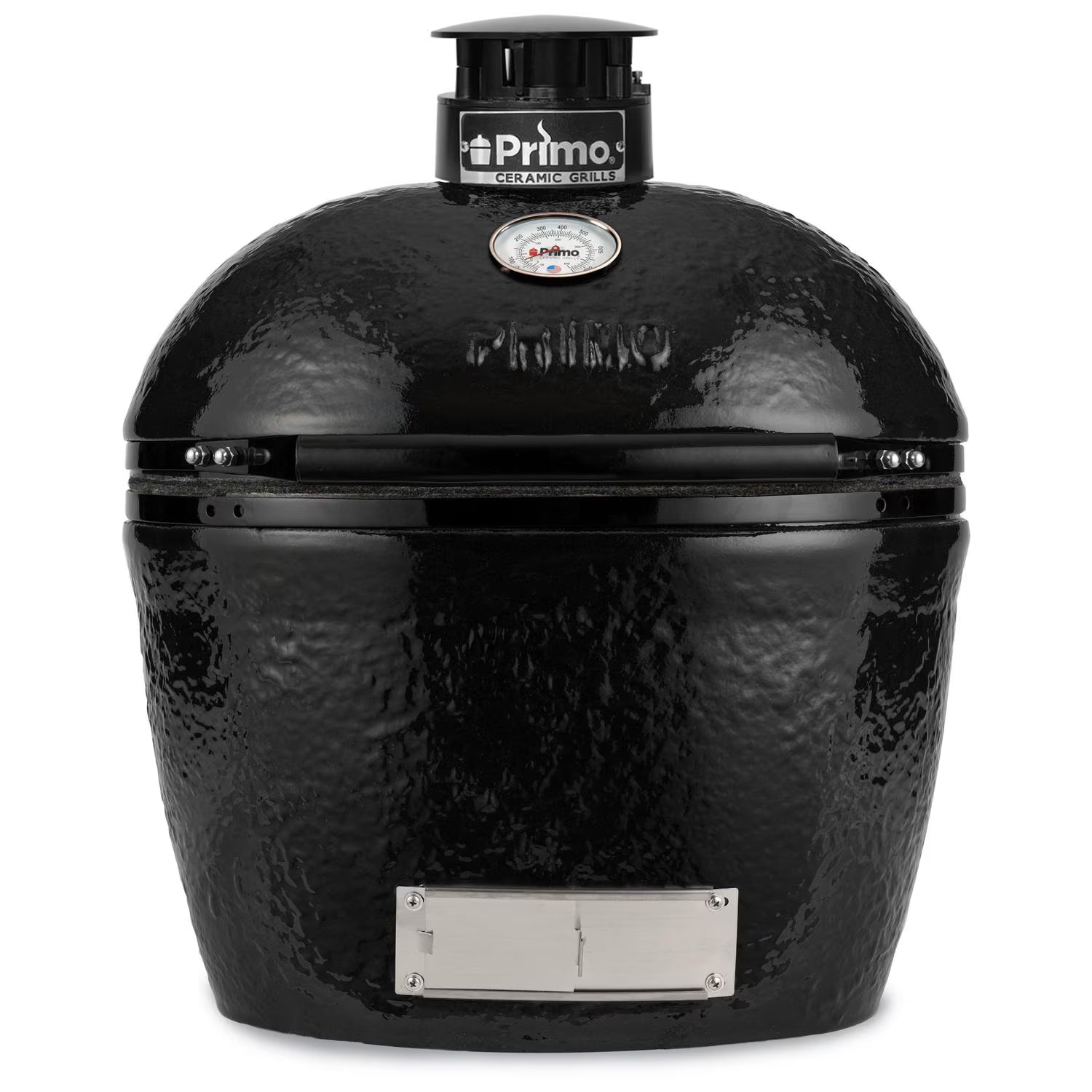 Primo Oval Large ceramic charcoal grill head, front view of the black ceramic dome, PGCLGH