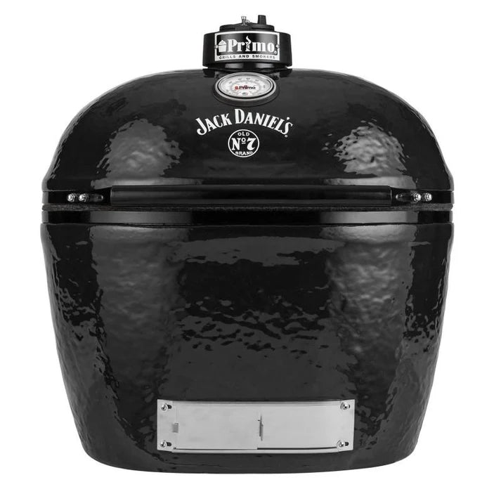 Primo Oval X-Large Jack Daniel's Edition ceramic charcoal grill, front view with the Jack Daniel's logo on the dome, PGCXLHJ