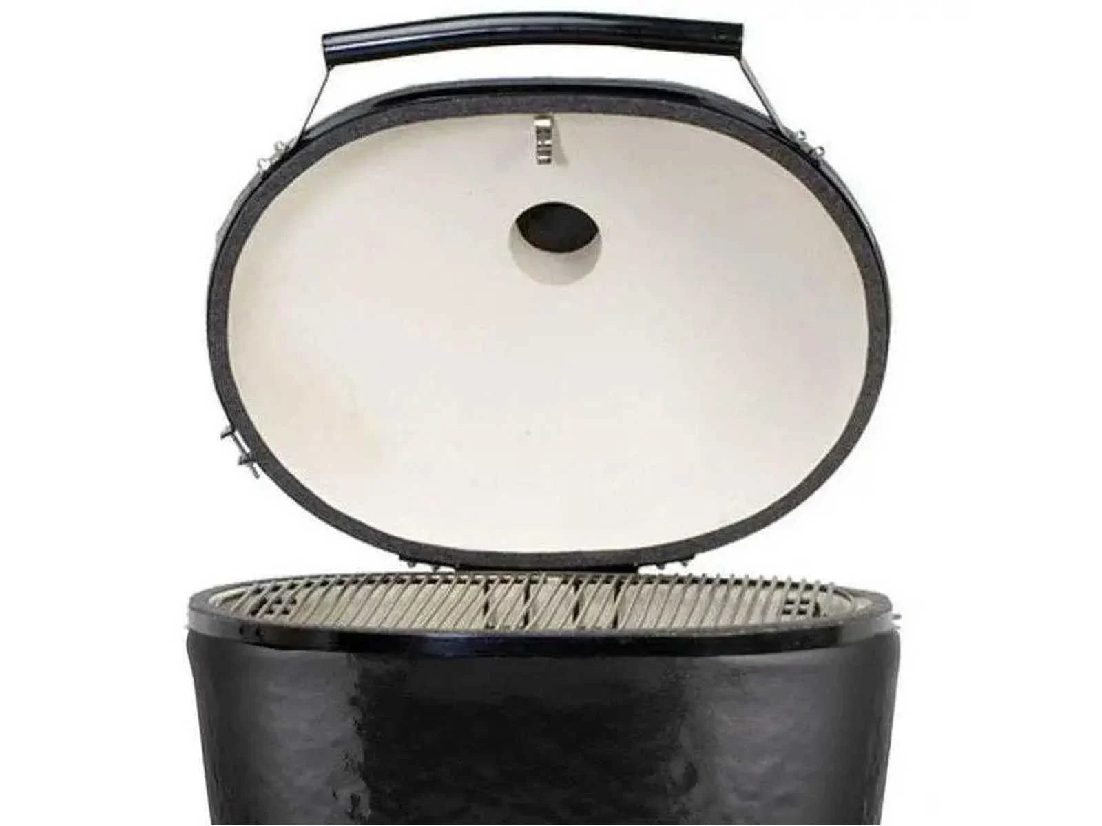Primo Oval XX-Large All-In-One ceramic charcoal grill with the dome open, front view, PGCXXLC