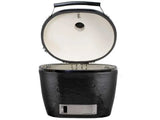 Primo Oval XX-Large All-In-One ceramic charcoal grill with the dome open, side view, PGCXXLC