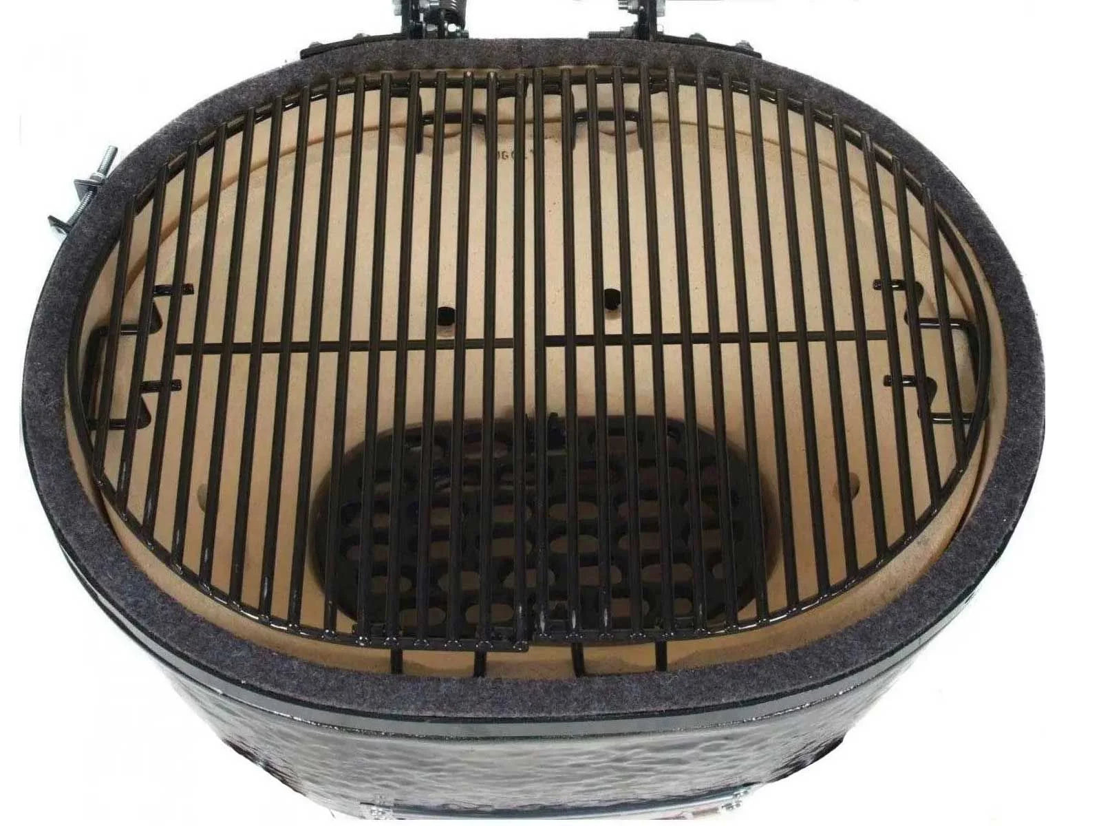 Overhead view of the cooking grates and charcoal grate in the Primo Oval XX-Large All-In-One ceramic charcoal grill, PGCXXLC