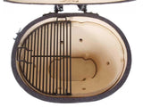 Overhead view of the split cooking grate and ceramic firebox of the Primo Oval XX-Large All-In-One ceramic charcoal grill, PGCXXLC