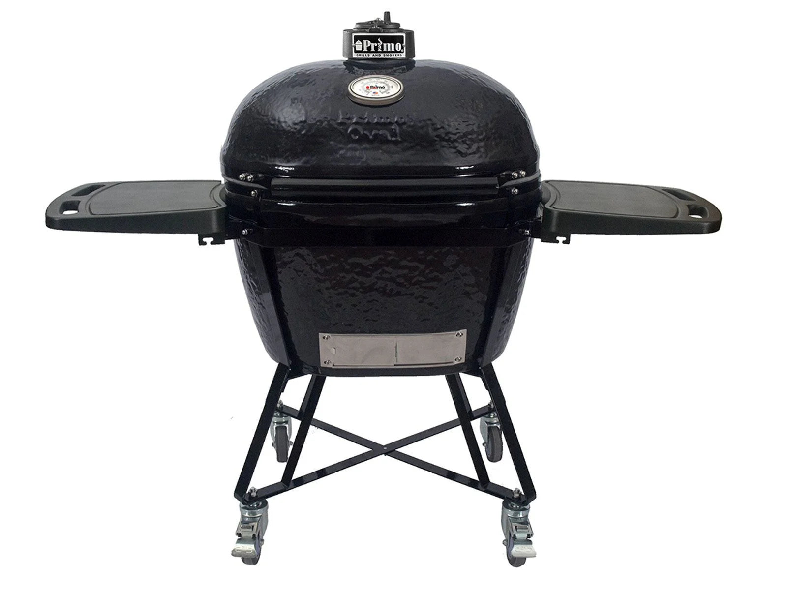 Primo Oval XX-Large All-In-One ceramic charcoal grill on its heavy-duty stand with side shelves, PGCXXLC