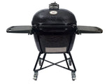 Primo Oval XX-Large All-In-One ceramic charcoal grill on its heavy-duty stand with side shelves, PGCXXLC