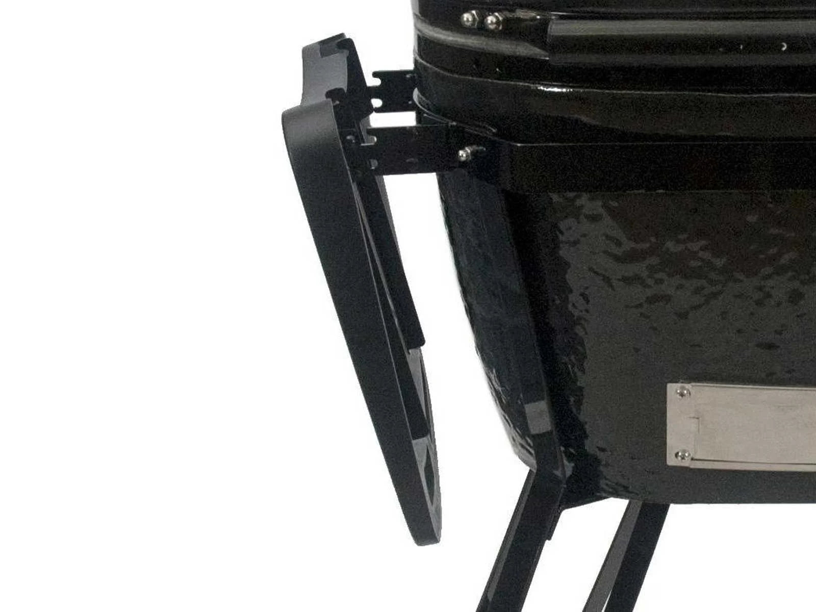 Side shelf folded down on the Primo Oval XX-Large All-In-One ceramic charcoal grill, PGCXXLC