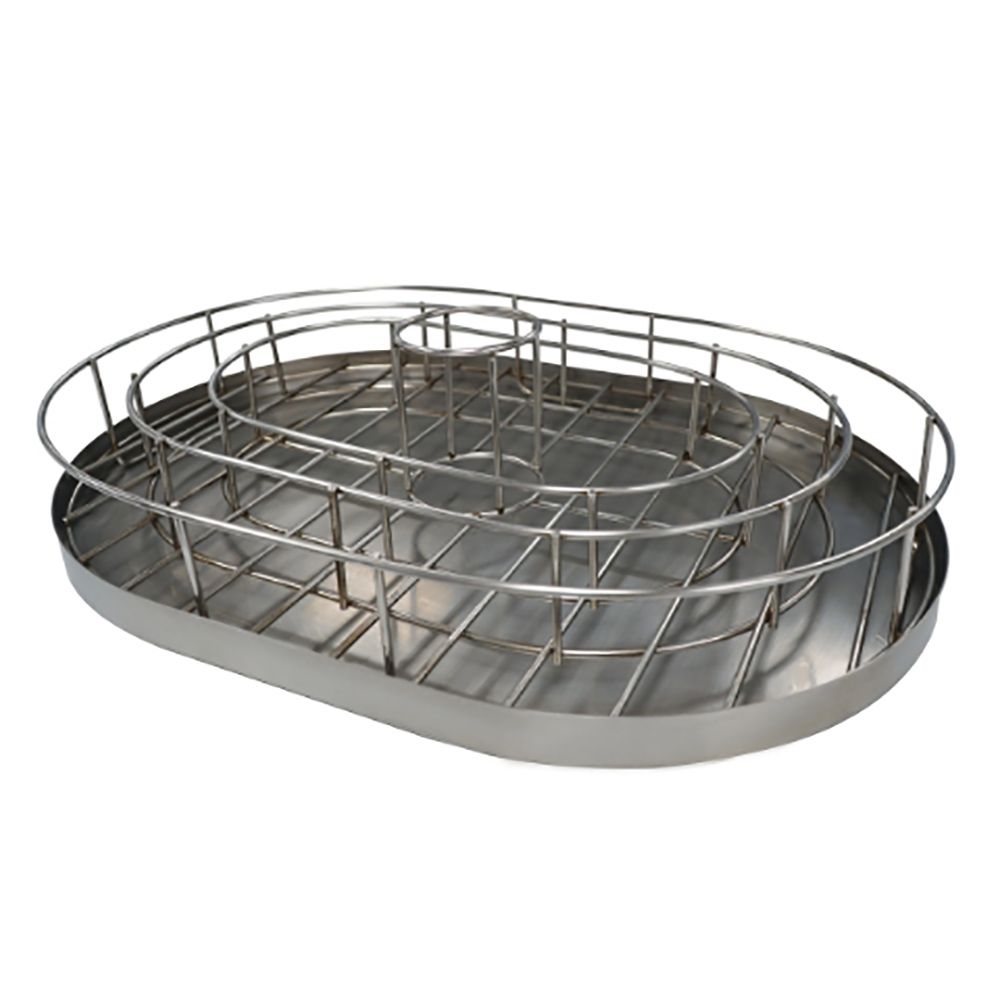 Primo rib and chicken holder with drip tray for ceramic charcoal grills, holds ribs and poultry upright