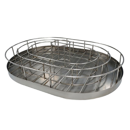 Primo rib and chicken holder with drip tray for ceramic charcoal grills, holds ribs and poultry upright