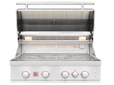 Summerset Sizzler Pro 32-inch stainless steel 4-burner built-in gas grill with open lid showing interior lights and cooking grates on white background