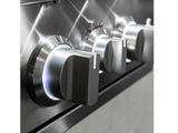 Close-up of stainless steel control knobs on a Summerset Sizzler Pro built-in gas grill
