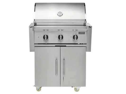 Coyote stainless steel outdoor gas grill with lid, three burners and storage doors on casters
