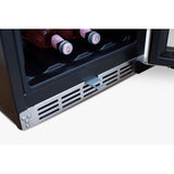 Close-up of TrueFlame outdoor wine cooler interior shelves with wine bottles