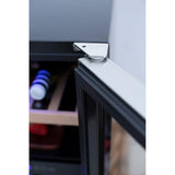 Close-up of wine bottles on a TrueFlame outdoor wine cooler shelf