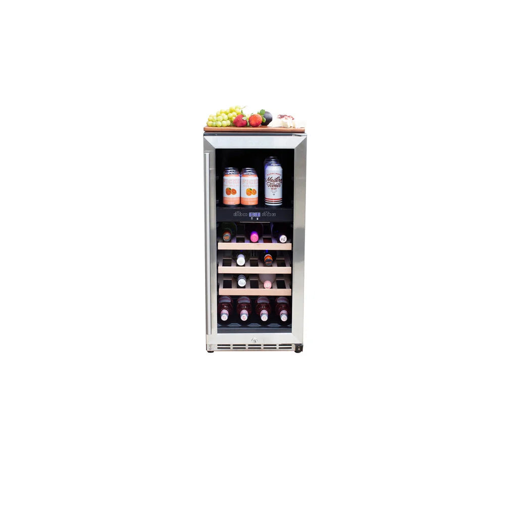 TrueFlame 15-inch outdoor wine cooler stocked with wine bottles behind glass door