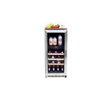 TrueFlame 15-inch outdoor wine cooler stocked with wine bottles behind glass door
