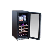 TrueFlame 15-inch outdoor wine cooler with glass door open showing wine shelves