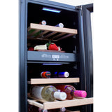TrueFlame 15-inch outdoor wine cooler interior stocked with wine and drinks