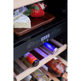Close-up of TrueFlame outdoor wine cooler shelves stocked with drinks and food