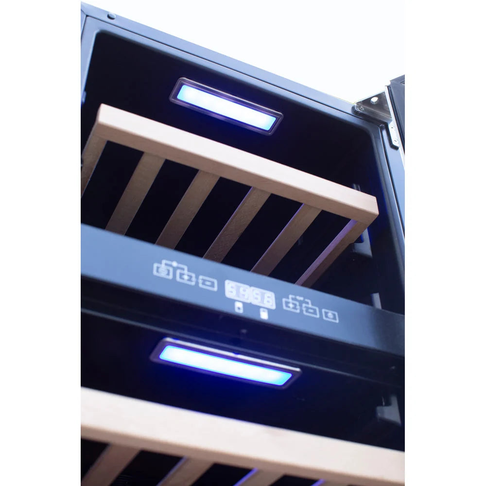 TrueFlame outdoor wine cooler interior with blue LED lighting and wine bottles