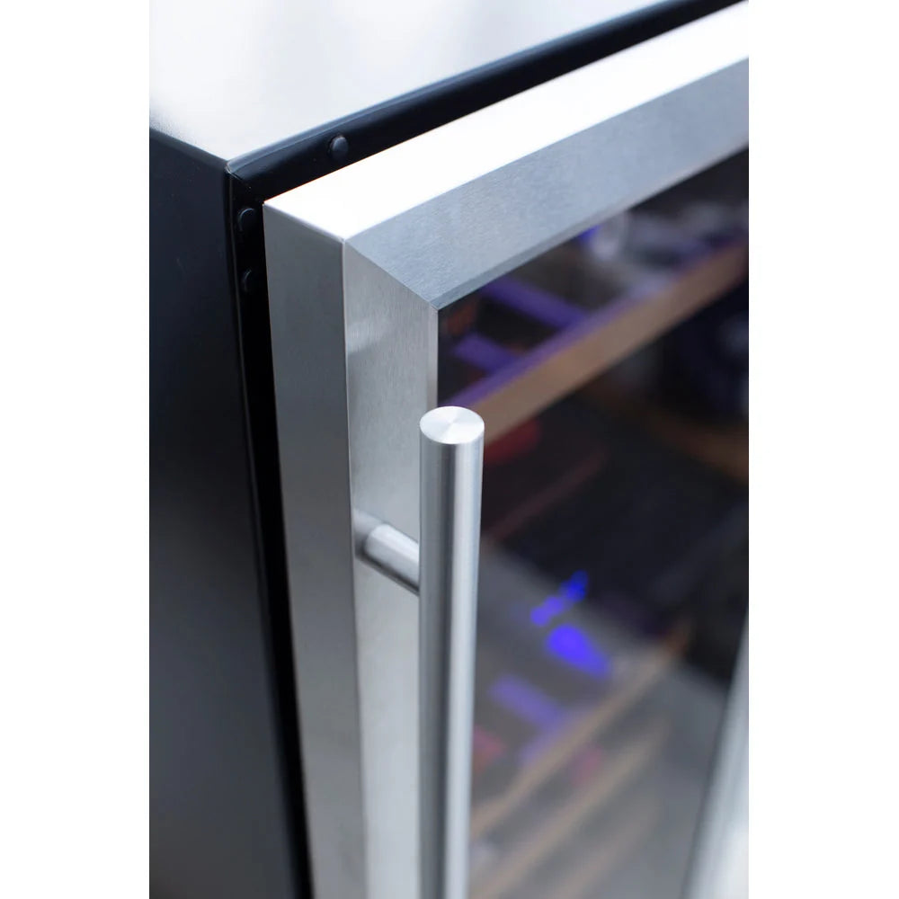 TrueFlame 15-inch outdoor dual-zone wine cooler, side profile with glass door