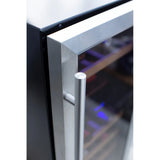 TrueFlame 15-inch outdoor dual-zone wine cooler, side profile with glass door