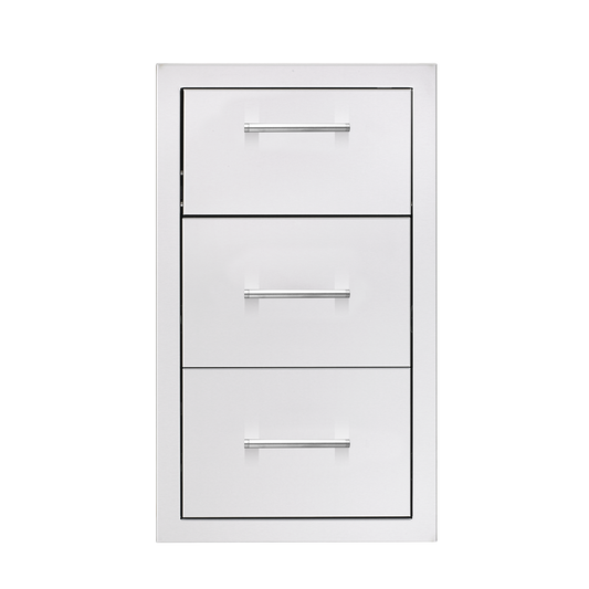 TrueFlame 17-inch stainless steel triple access drawer with straight handles for outdoor kitchen