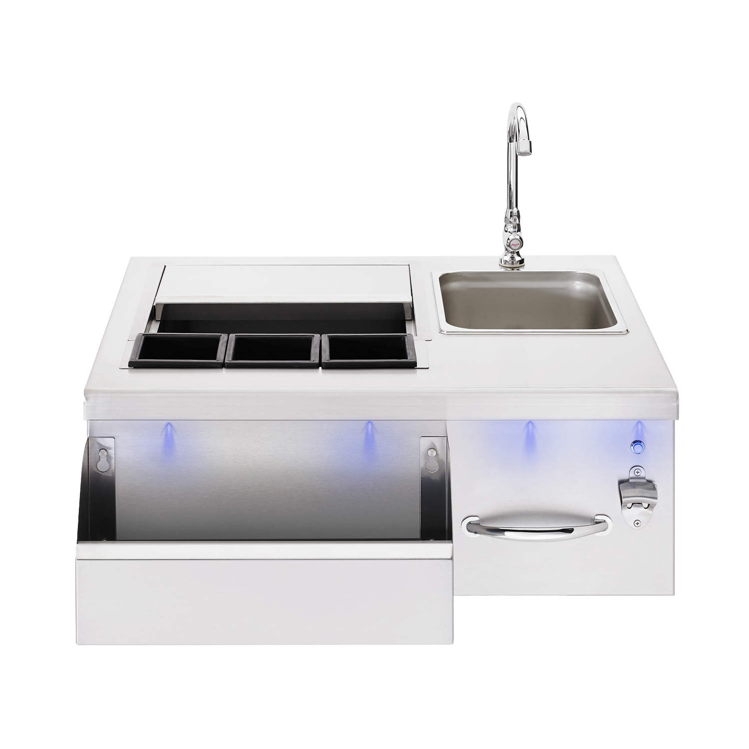TrueFlame 30-inch stainless steel outdoor bar center with sink, faucet, insulated bin and blue LED lighting