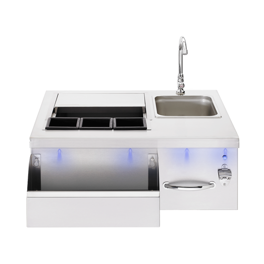 TrueFlame 30-inch stainless steel outdoor bar center with sink, faucet, insulated bin and blue LED lighting