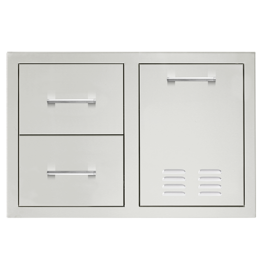 TrueFlame 33-inch stainless steel access door and double drawer combo with LP propane tank storage