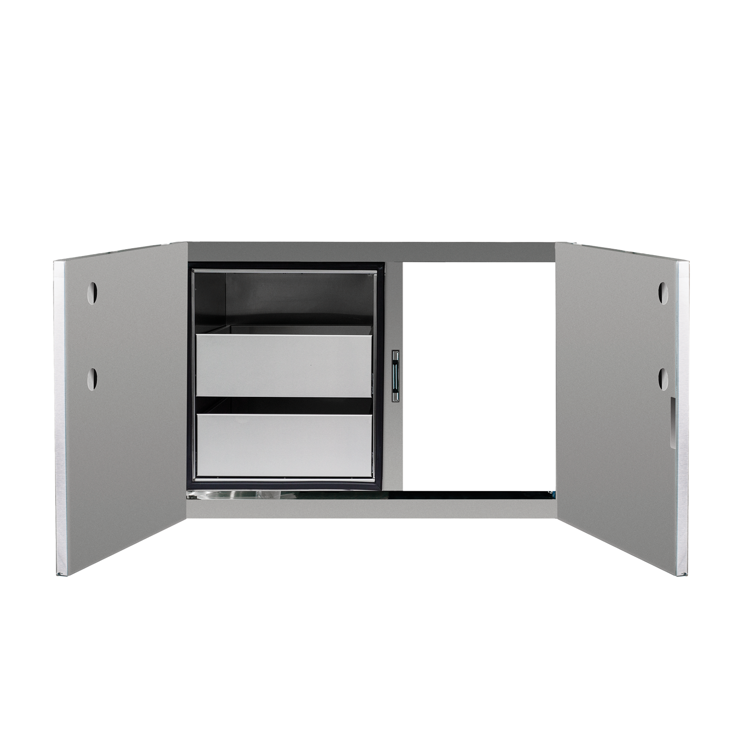 TrueFlame 36-inch stainless steel access cabinet with double doors and interior drawers, shown open