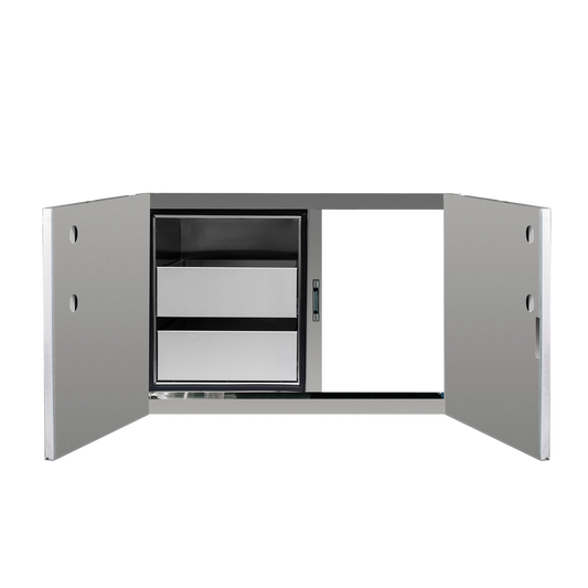 TrueFlame 36-inch stainless steel access cabinet with double doors and interior drawers, shown open