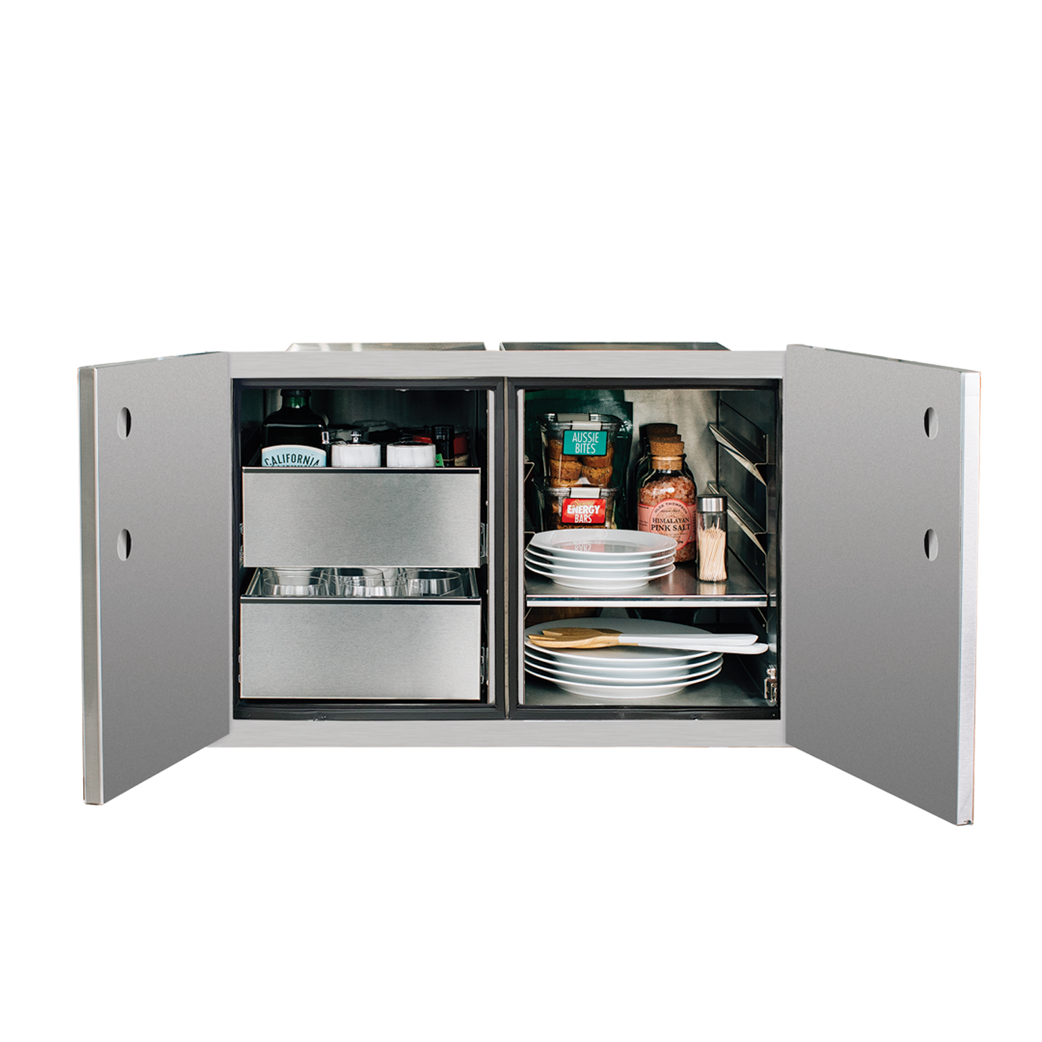 TrueFlame 36-inch stainless steel dry storage pantry with double doors and interior shelves, shown open