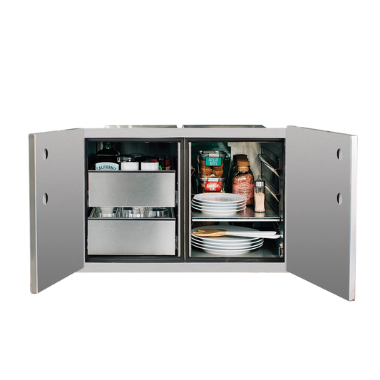 TrueFlame 36-inch stainless steel dry storage pantry with double doors and interior shelves, shown open