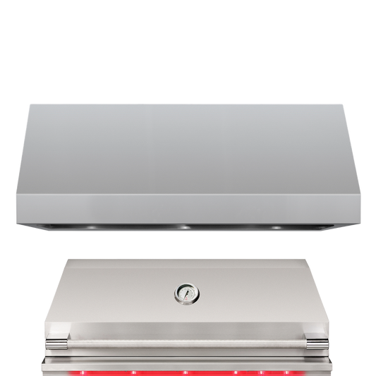 TrueFlame 48-inch stainless steel built-in gas grill for outdoor kitchen, front view with vent hood