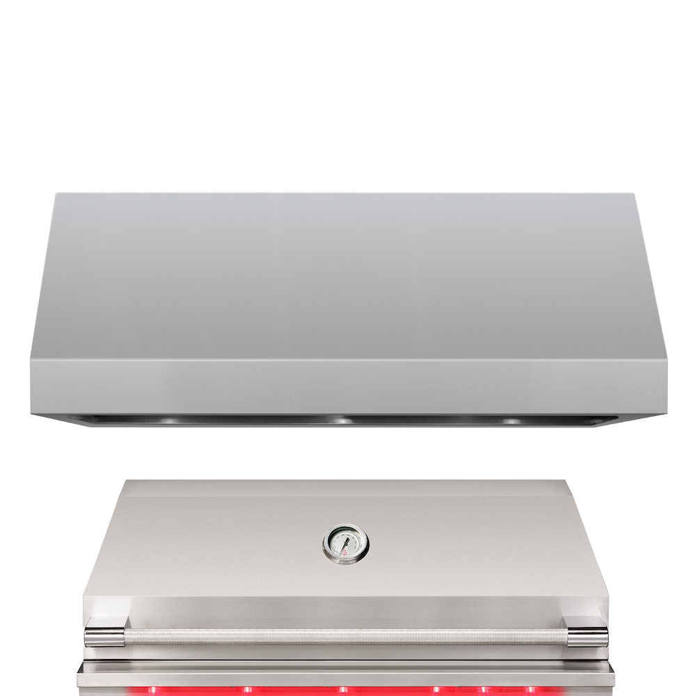 TrueFlame 48-inch stainless steel gas grill paired with matching stainless vent hood, front view